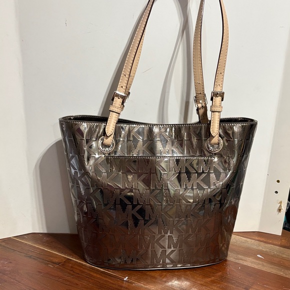 Michael Kors Shiny Silver and Tan Tote - Picture 1 of 1